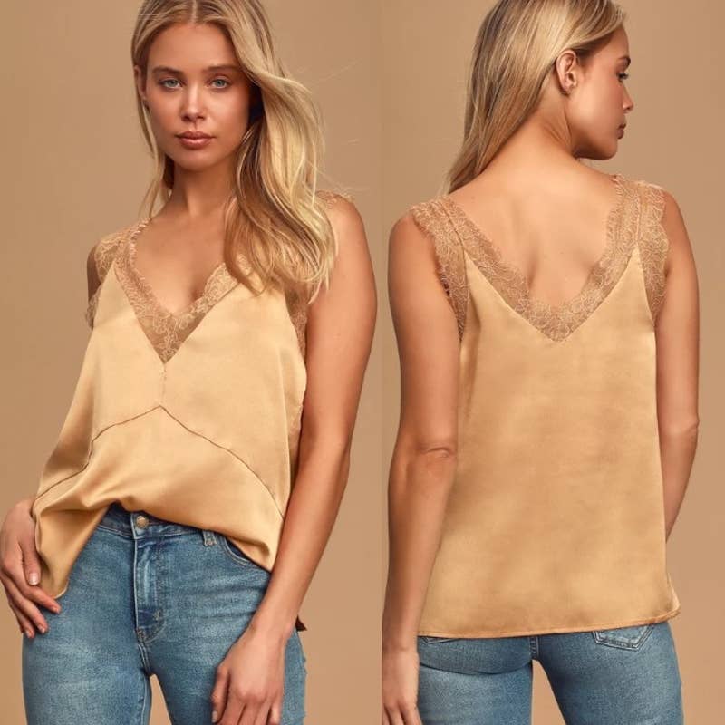 Lulus NWT Forever Flirty Lace V-Neck Sleeveless Satin Cami Top Tan Size Medium