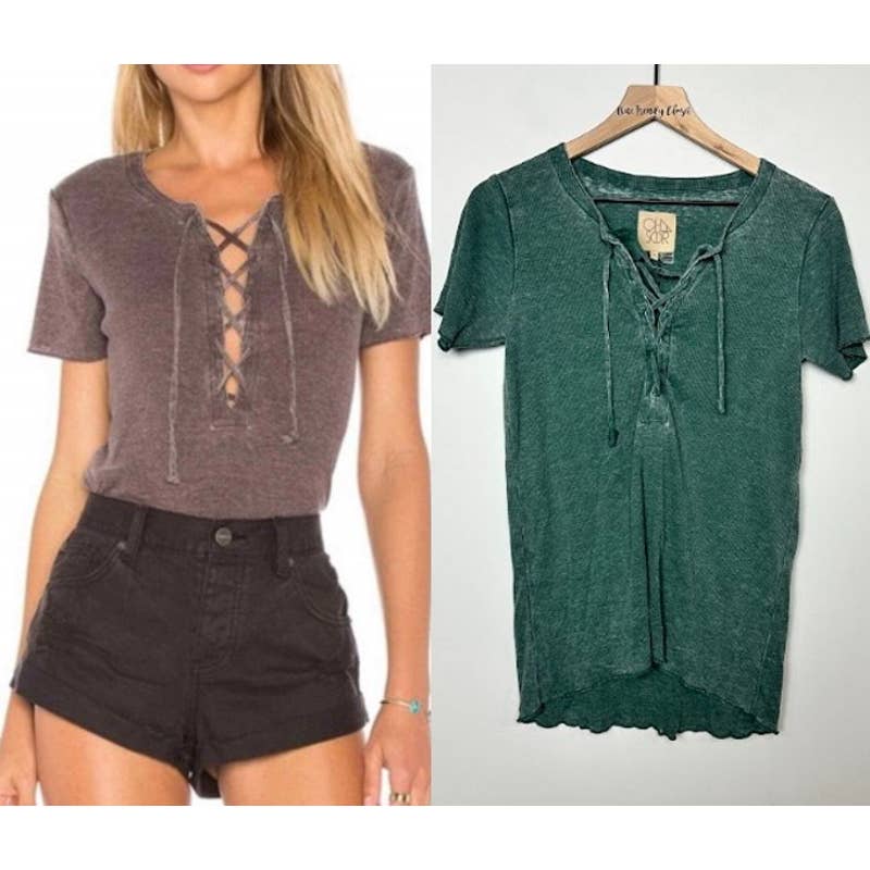 Chaser Revolve NWT Short Sleeve Lace Up Hi Lo Ribbed Knit Casual Top Tent Green