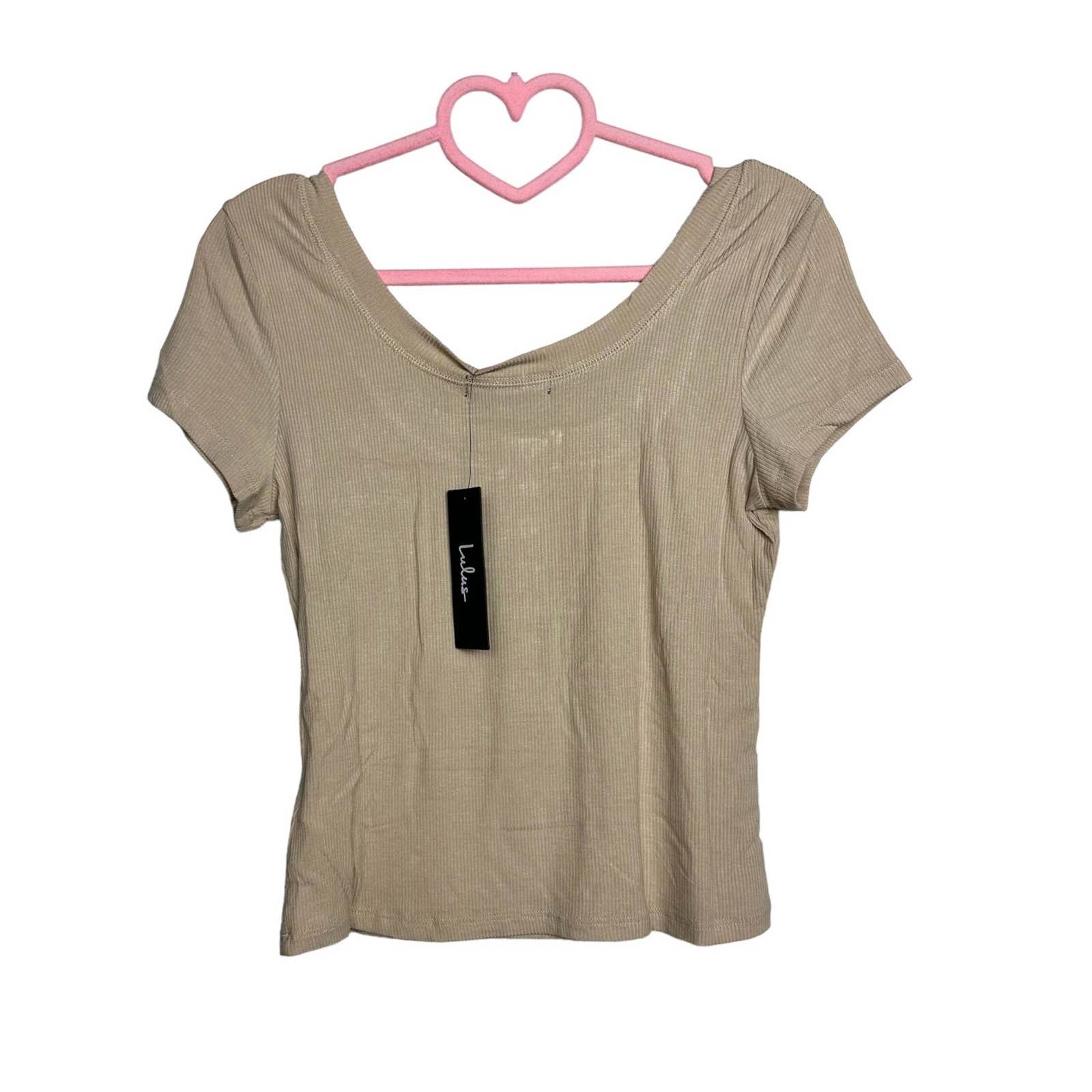 Lulus NWT Ribbed Knit Scoop Neck Short Sleeve Henley Cropped Top Beige Sz Medium