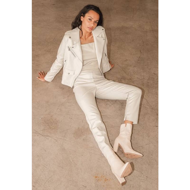Lulus NWT Out for the Night Vegan Faux Leather Moto Jacket Chambray Beige