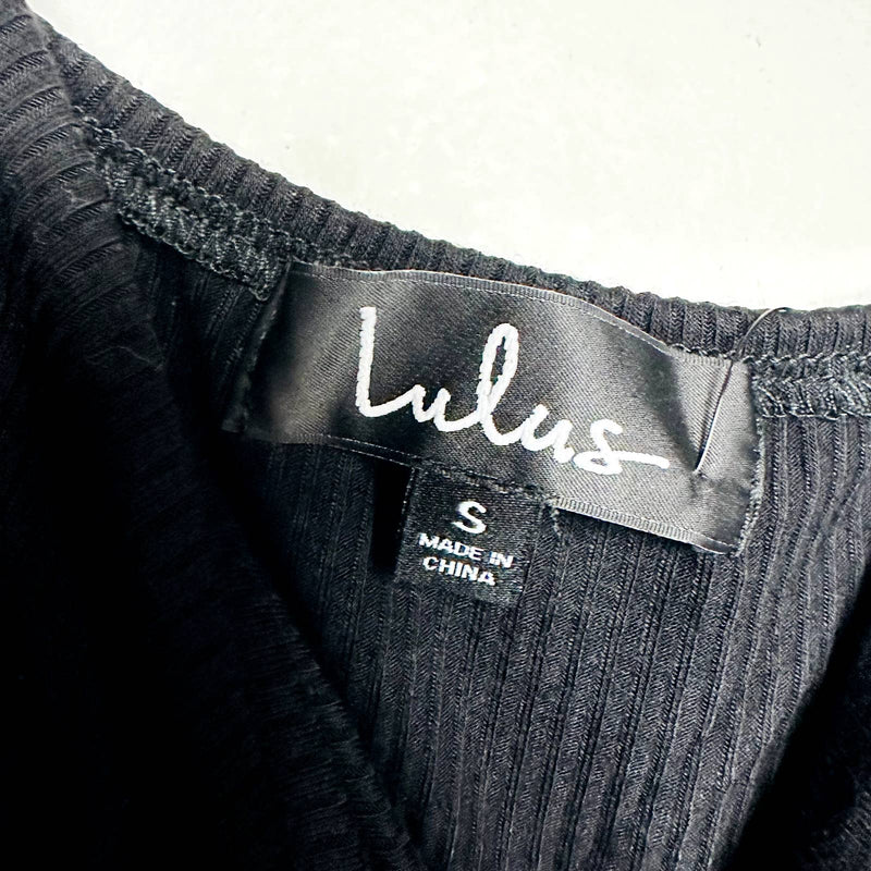Lulus NWT Romantic Inclination Ribbed Knit Puff Sleeve Bodysuit Black Size Small