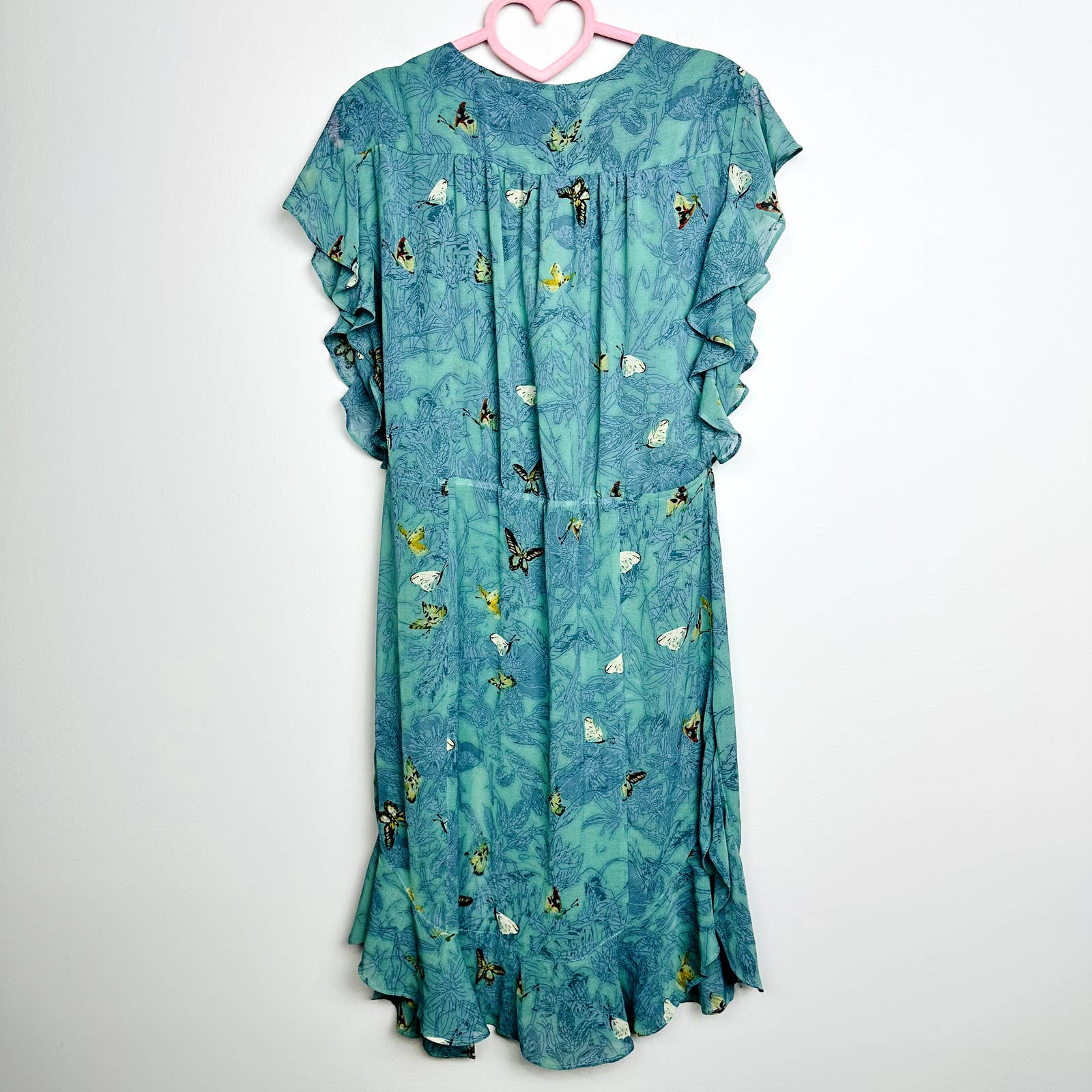 Anthropologie Feather Bone Floral Butterfly Ruffles Wrap Dress Green Large