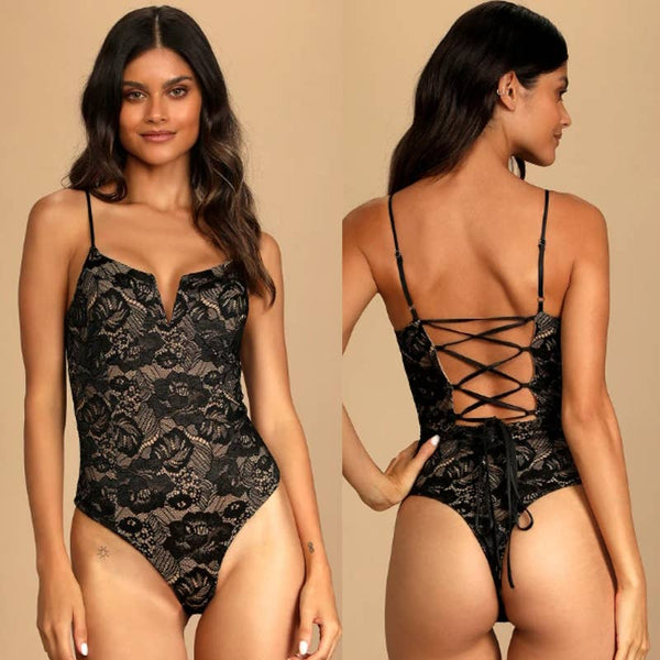 Lulus NWT Flirty Touch Lace-Up Lace  Strappy High Leg Thong Bodysuit Black Sz XL