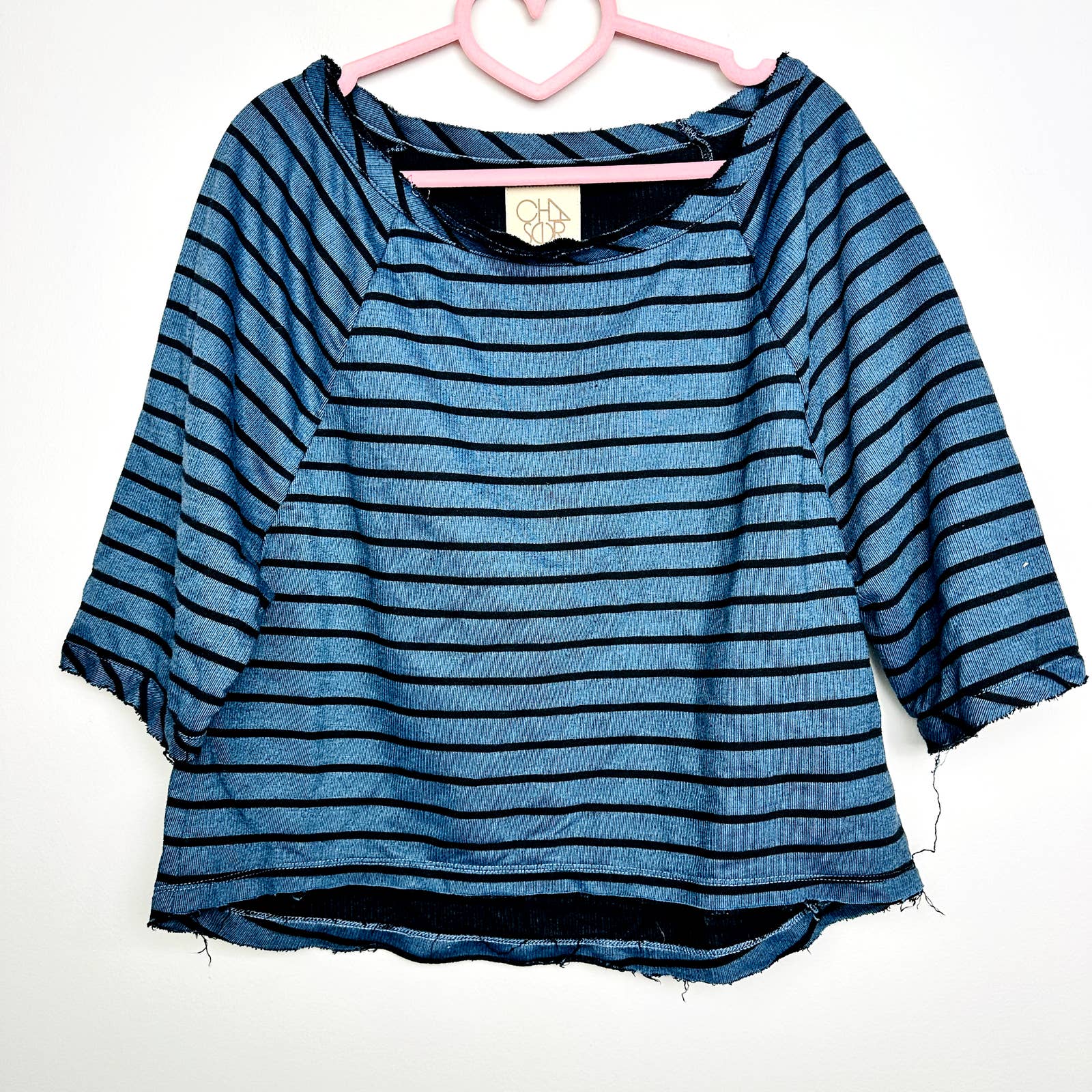 Chaser NWOT Raglan Sleeves Oversized Raw Edge Stripes Top Teal Size Small