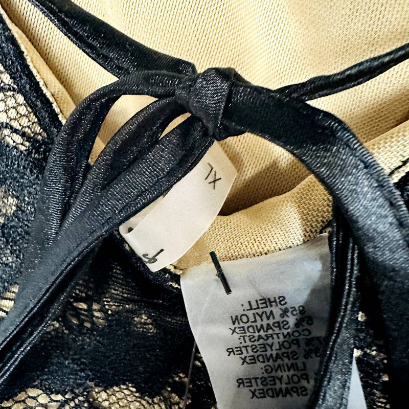 Lulus NWT Flirty Touch Lace-Up Lace  Strappy High Leg Thong Bodysuit Black Sz XL
