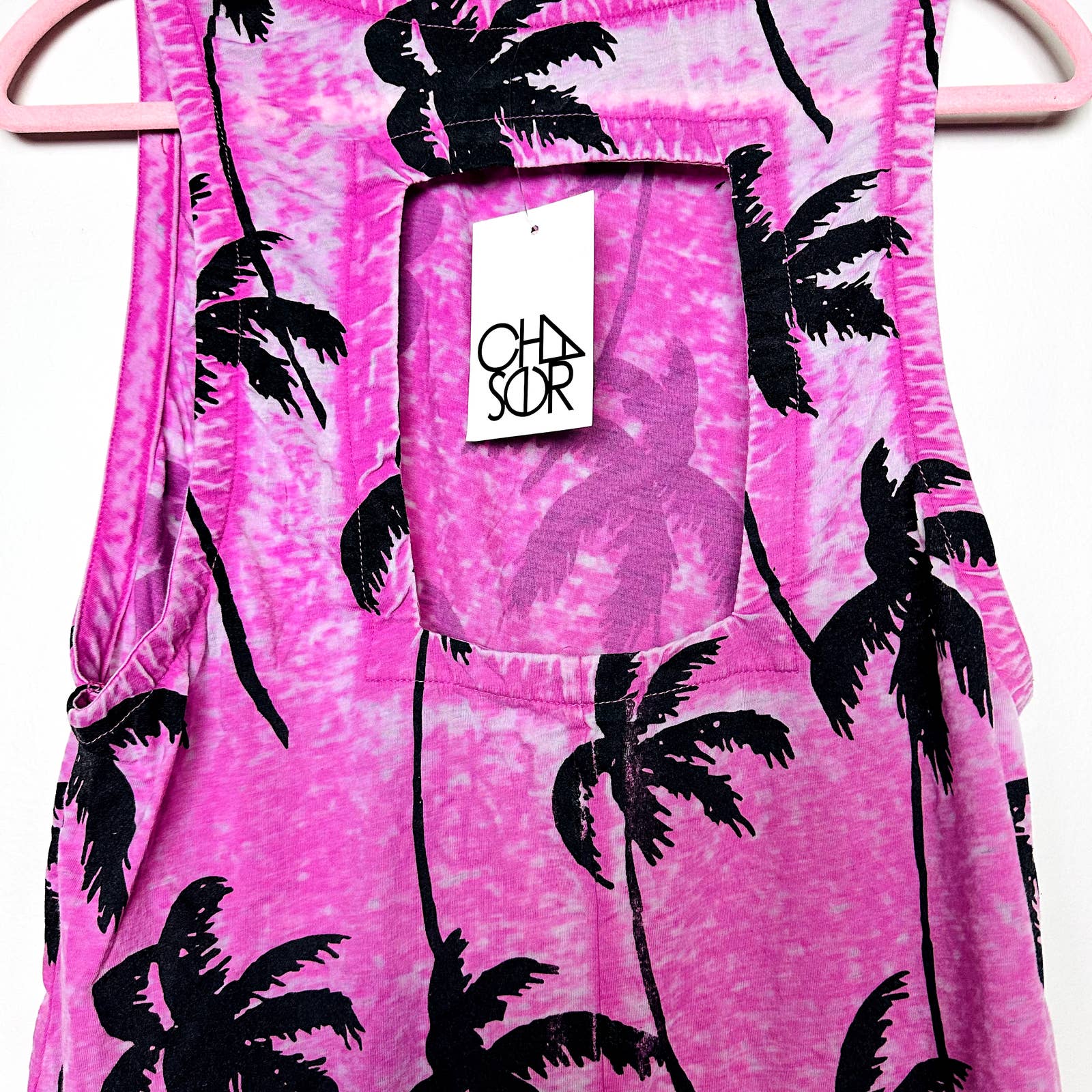 Chaser NWT Sway Coconut Tree Acid Wash Cutout Sleeveless Tank Top Pink Sz Small