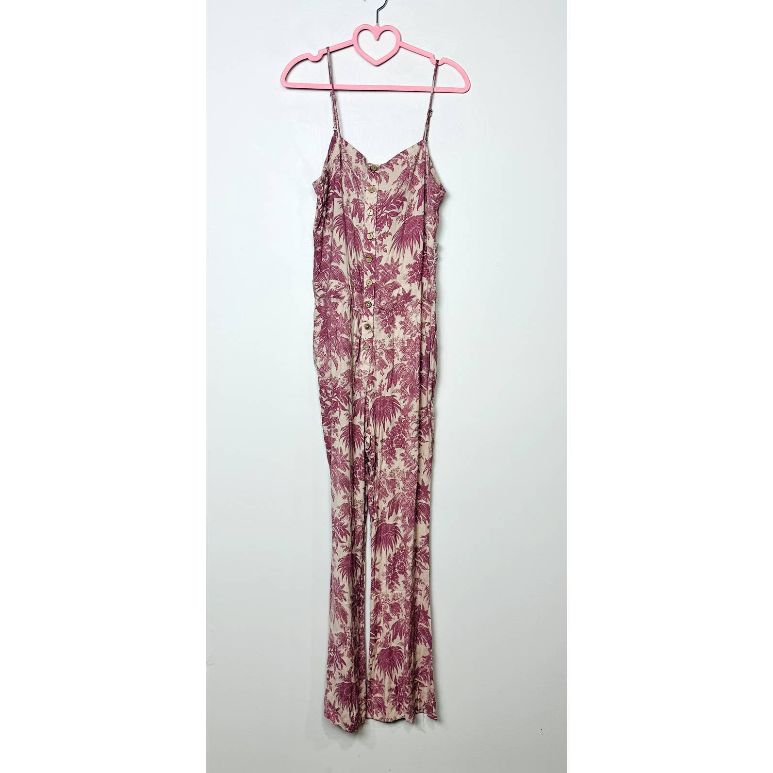 Chaser NWT Button Front Spaghetti Straps Floral Cutout Knot Jumpsuit Pink Small