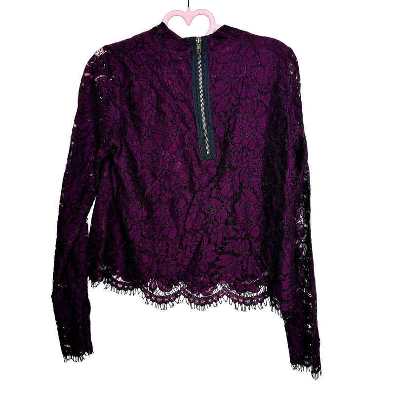 Chaser NWT Vintage Lace Scallop Long Sleeve Mock Turtle Crop Top Cabernet Medium
