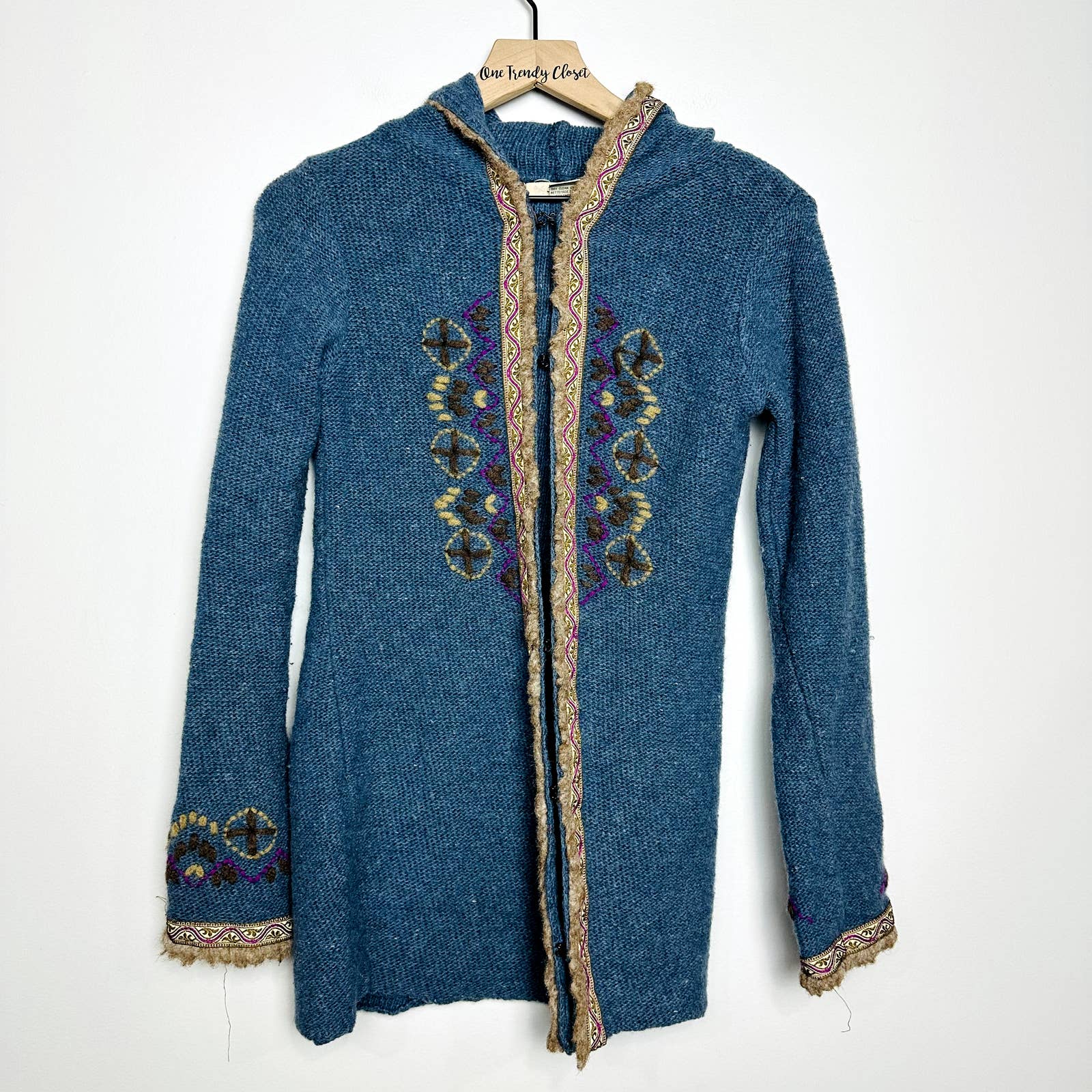 Free People Pre-Owned Wool Blend Knit Embroidered Hoodie Sweater Teal Size Small