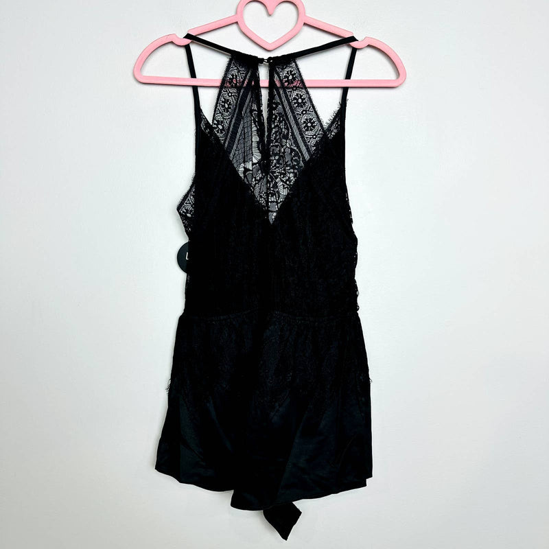 Lulus NWT Promise of Romance Black Satin Lace Sleeveless Lounge Romper Black
