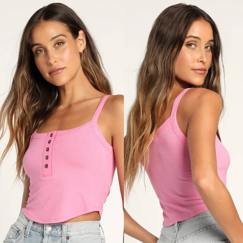 Lulus NWT Simply The Best Button-Front Ribbed Knit Henley Tank Top Pink