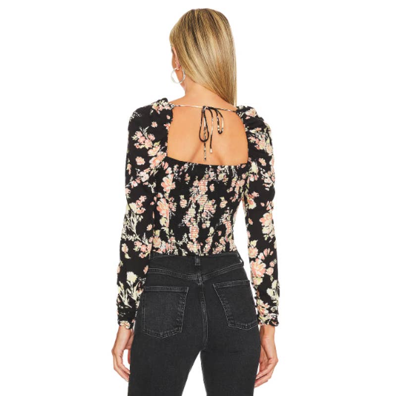 Free People NWT Hilary Floral Print Puff Sleeves Cropped Top Black Combo Medium