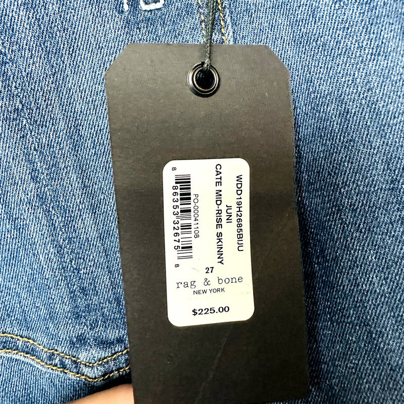 rag & bone NWT Cate Midi-Rise Classic Ankle Raw Hem Skinny Jeans Juni Size 27
