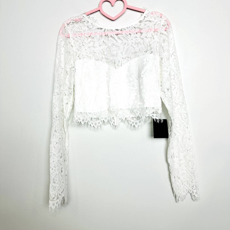 Lulus NWT Lulus Level Of Love Lace Floral Long Sleeve Scallop Crop Top Ivory XS