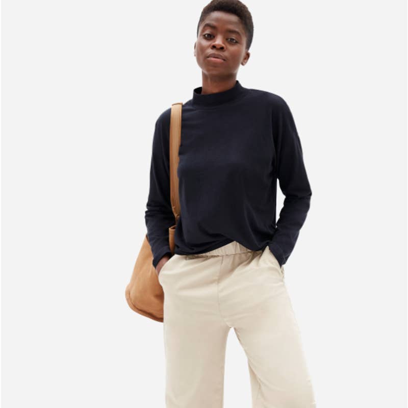 Everlane NWT The Square Mockneck Long Sleeve Cotton Tee Shirt True Black Sz XXS