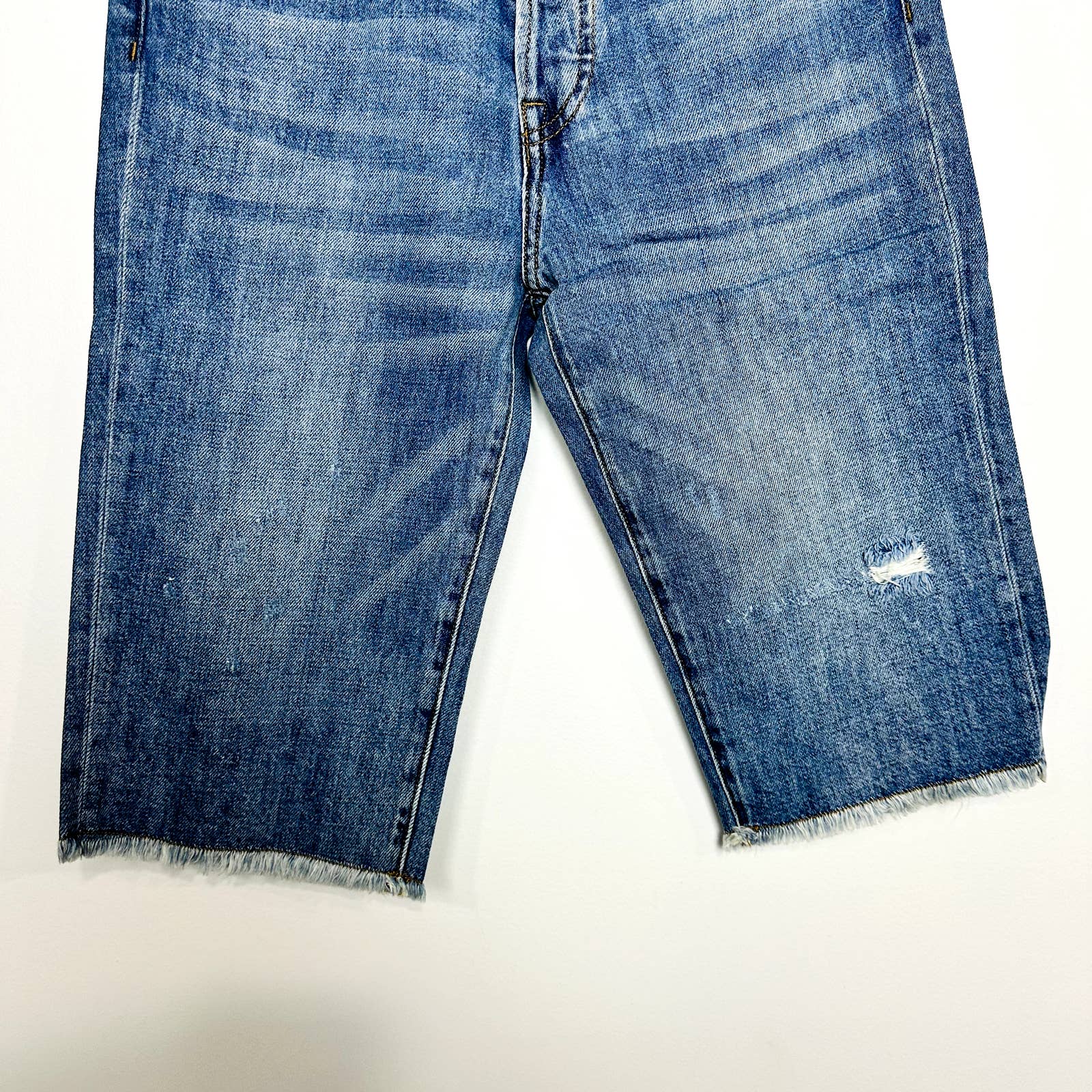 Free People X Sandrine Rose NWT Distressed Raw Hem Bermuda Shorts Blue Size 24