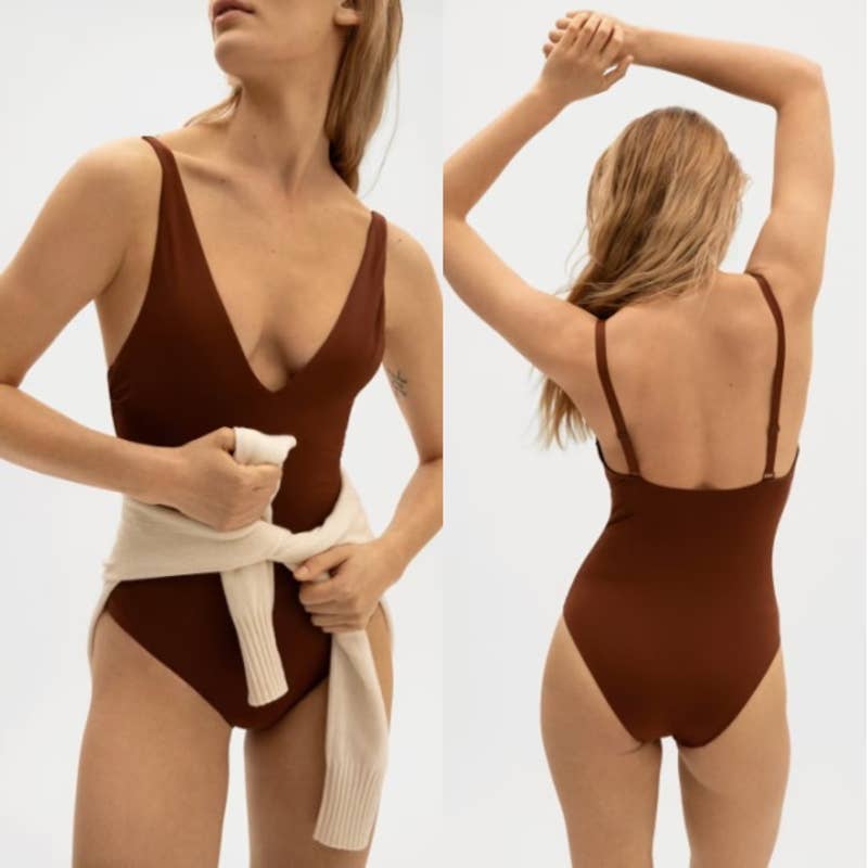 Everlane NWT The V-Neck One-Piece Cheeky Swimwear Bathing Suit Brown Size XL