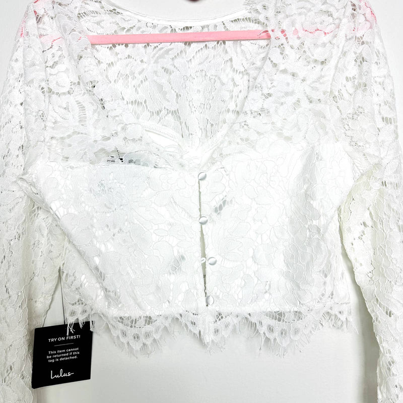 Lulus NWT Lulus Level Of Love Lace Floral Long Sleeve Scallop Crop Top Ivory XS
