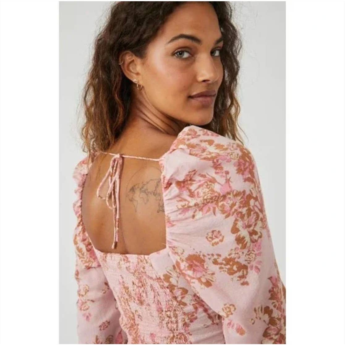 Free People NWT Floral Hilary Puff Sleeve Square Neck Top Pink Small OB1569574