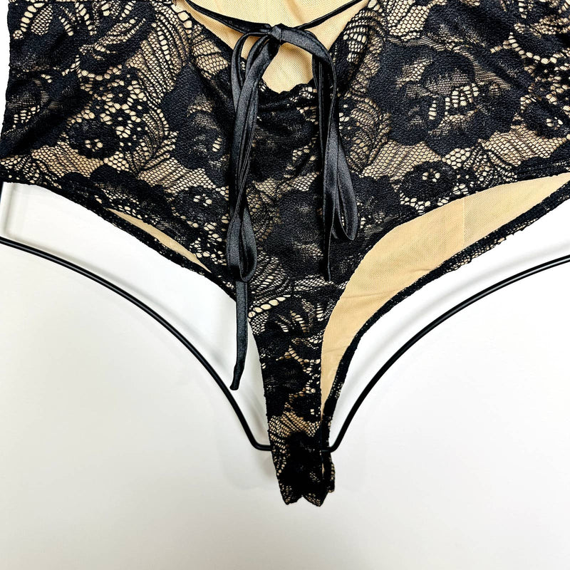 Lulus NWT Flirty Touch Lace-Up Lace  Strappy High Leg Thong Bodysuit Black Sz XL