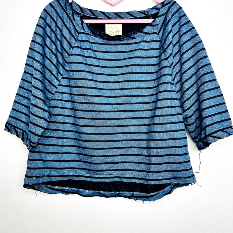 Chaser NWOT Raglan Sleeves Oversized Raw Edge Stripes Top Teal Size Small