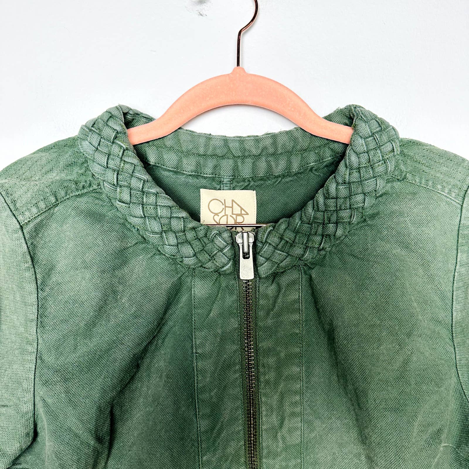 Chaser NWT Vintage Full Zip Braided Collarless Canvas Jacket Army Green Sz Small