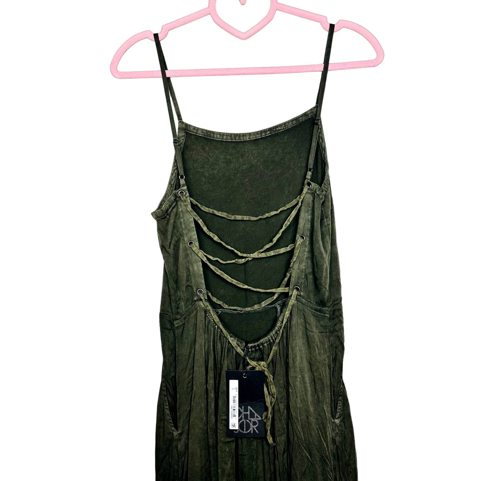 Chaser NWT Heirloom Wovens Criss Cross Strappy Tie Back Maxi Dress Military M