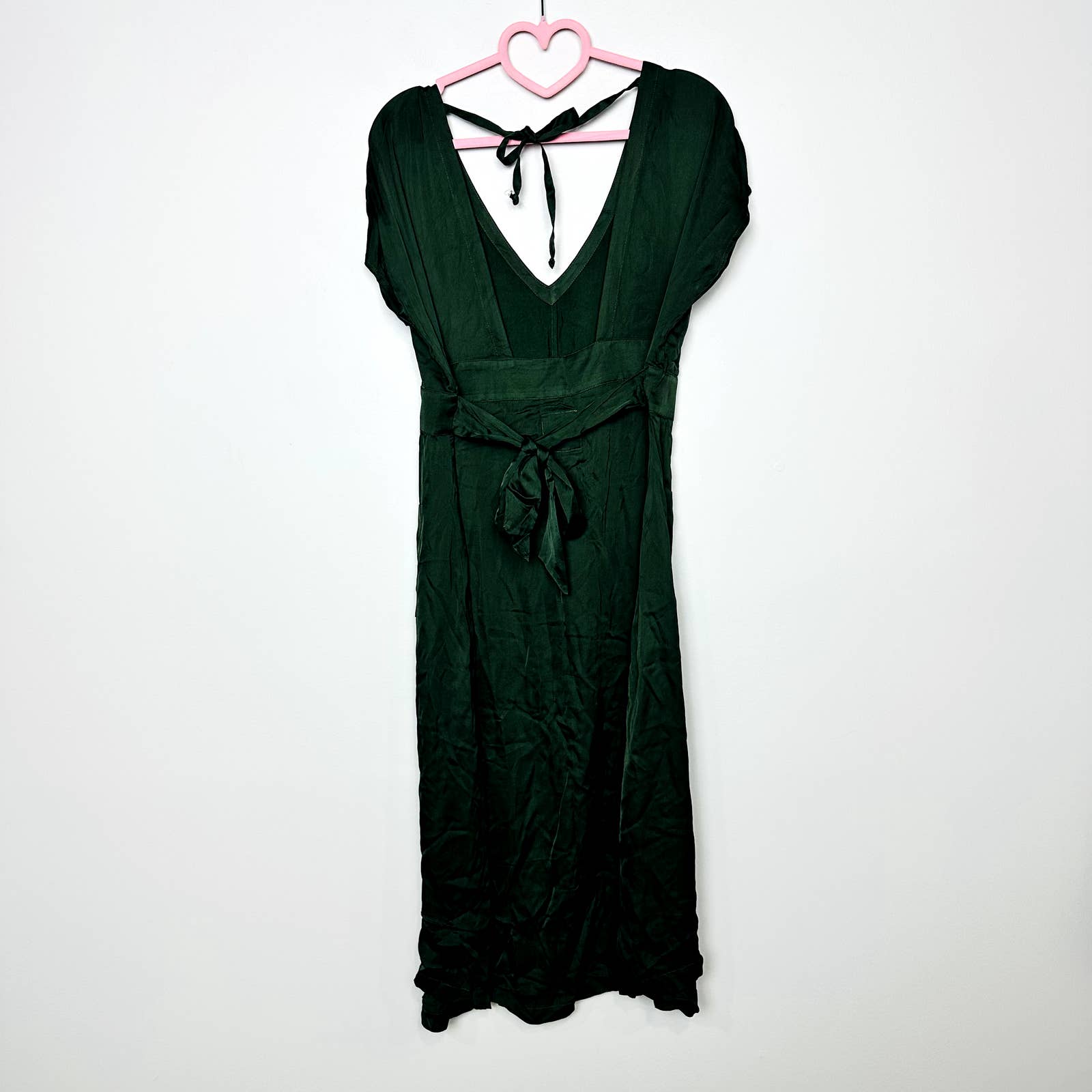 Chaser NWT Silky Basic Button Front Cap Sleeve Open Back Midi Dress Green Small