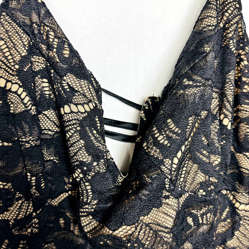 Lulus NWT Flirty Touch Lace-Up Lace  Strappy High Leg Thong Bodysuit Black Sz XL
