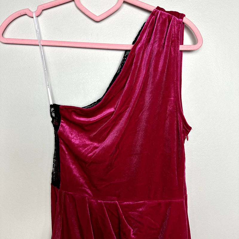 Lulus NWT All The Luxe Velvet Lace One-Shoulder Tulip Mini Dress Hot Pink