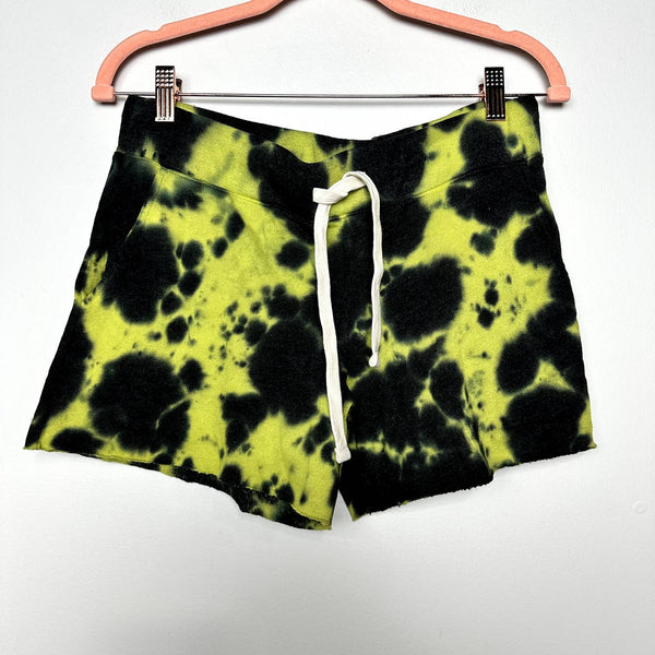 Monrow NWT Tie Dye Drawstring Raw Edge Vintage Sweat Shorts Neon Green Sz Small