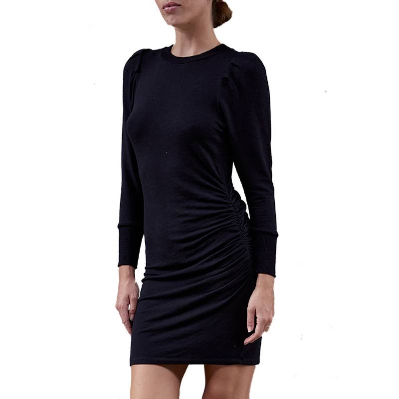 Monrow NWT Tucked Long Sleeve Ruched Knitted Unlined Mini Dress Black Size XS