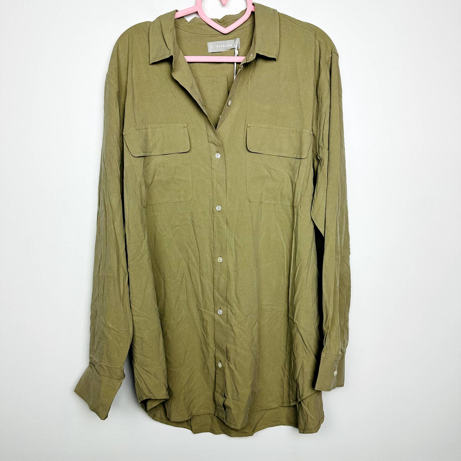 Everlane NWT The Washable Silk Relaxed Button Down Tunic Shirt Green Plus Sz 16