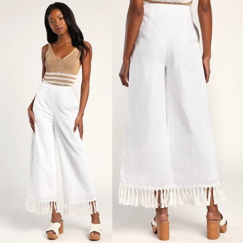 Lulus NWT Flat Fron High Waist Blissfully Boho Tasseled Wide-Leg Pants Ivory