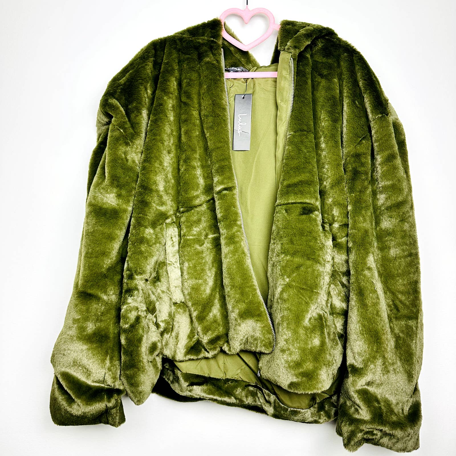 Lulus NWT Deluxe Diva Faux Fur Cozy Oversized Full Zip Hooded Jacket Olive Sz XL