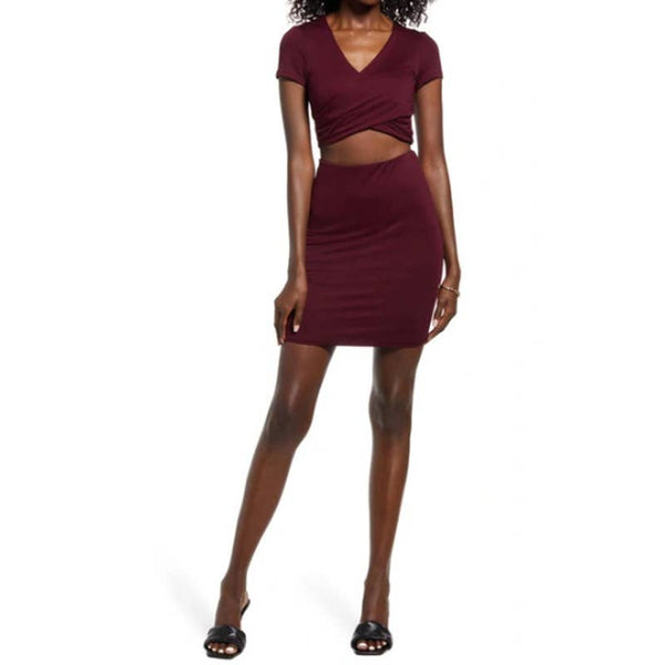 Lulus NWT By Your Side Wrap Cross Front Short Sleeve Cropped Top Wine Size Large