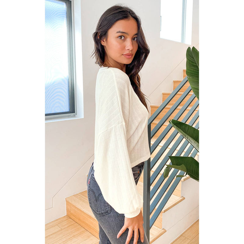 Lulus NWOT Wide Rib V-Neck Dropped Sleeve Oversized Cropped Top White Size XS