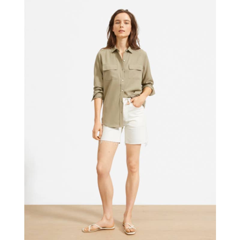 Everlane NWT The Washable Silk Relaxed Button Down Tunic Shirt Green Plus Sz 16