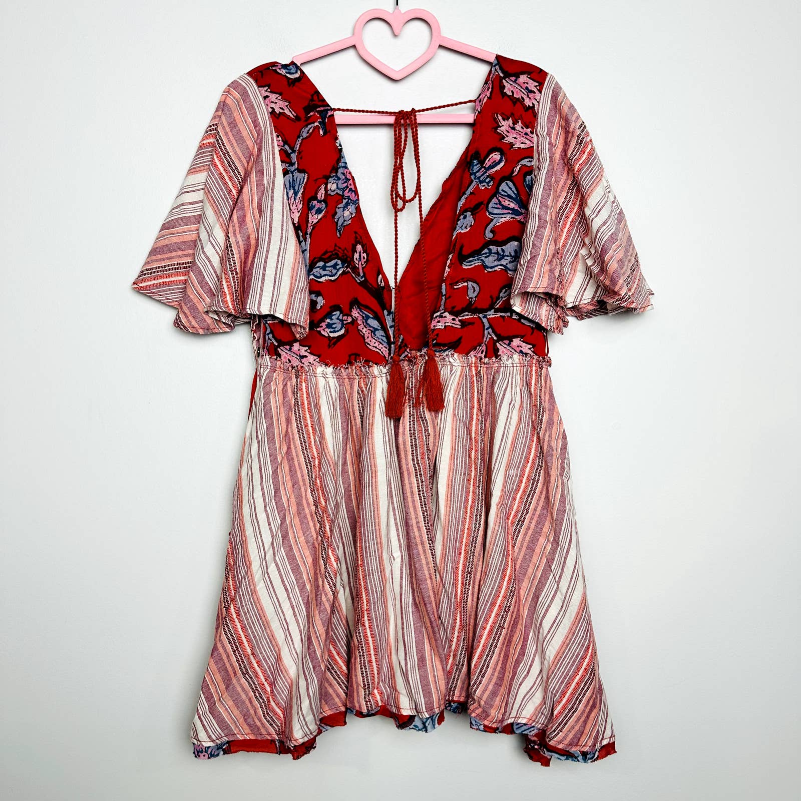 Free People NWT Under The Sun Tunic Dress Peasant Boho Mini Dress Red Rome Small