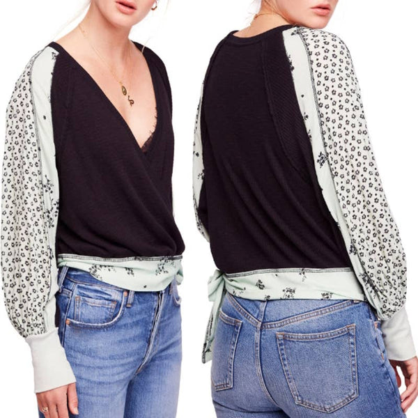 Free People Auxton Long Sleeve V-Neck Knit Thermal Wrap Top Black Sz Medium