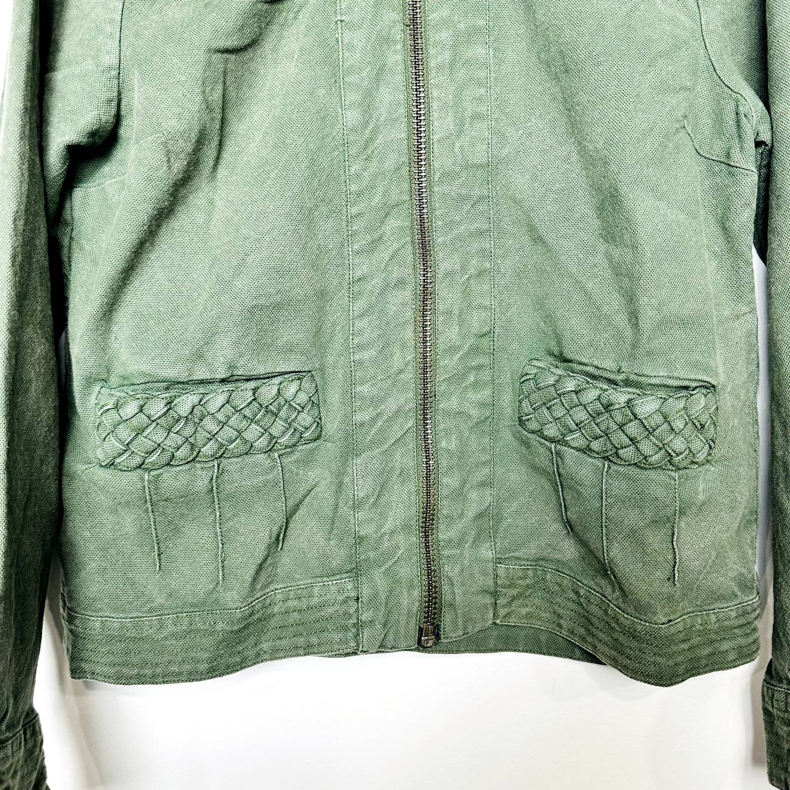 Chaser NWT Vintage Full Zip Braided Collarless Canvas Jacket Army Green Sz Small