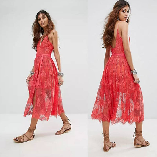 Free People Matchpoint Lace Layer Mesh Boho Midi Dress Watermelon Size 0