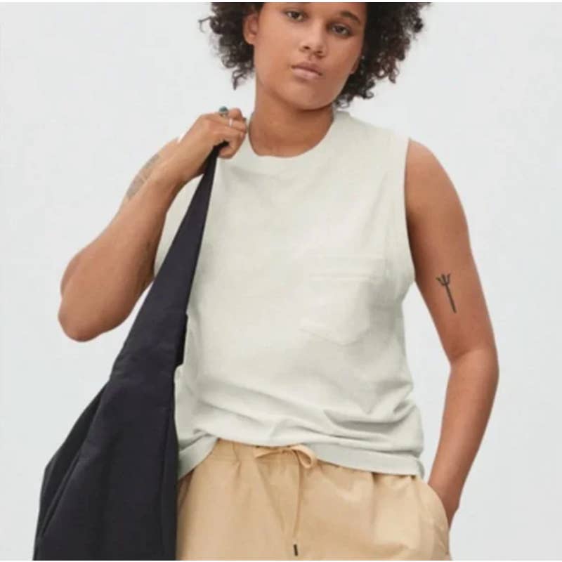 Everlane NWT Cotton Muscle Pocket Crew Neck Sleeveless Tank Top Gray White Small