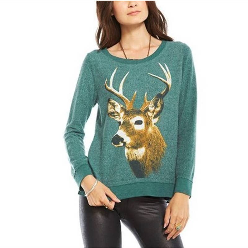 Chaser NWOT Deer Crewneck Long Sleeve Pullover Sweatshirt Heather Green Medium