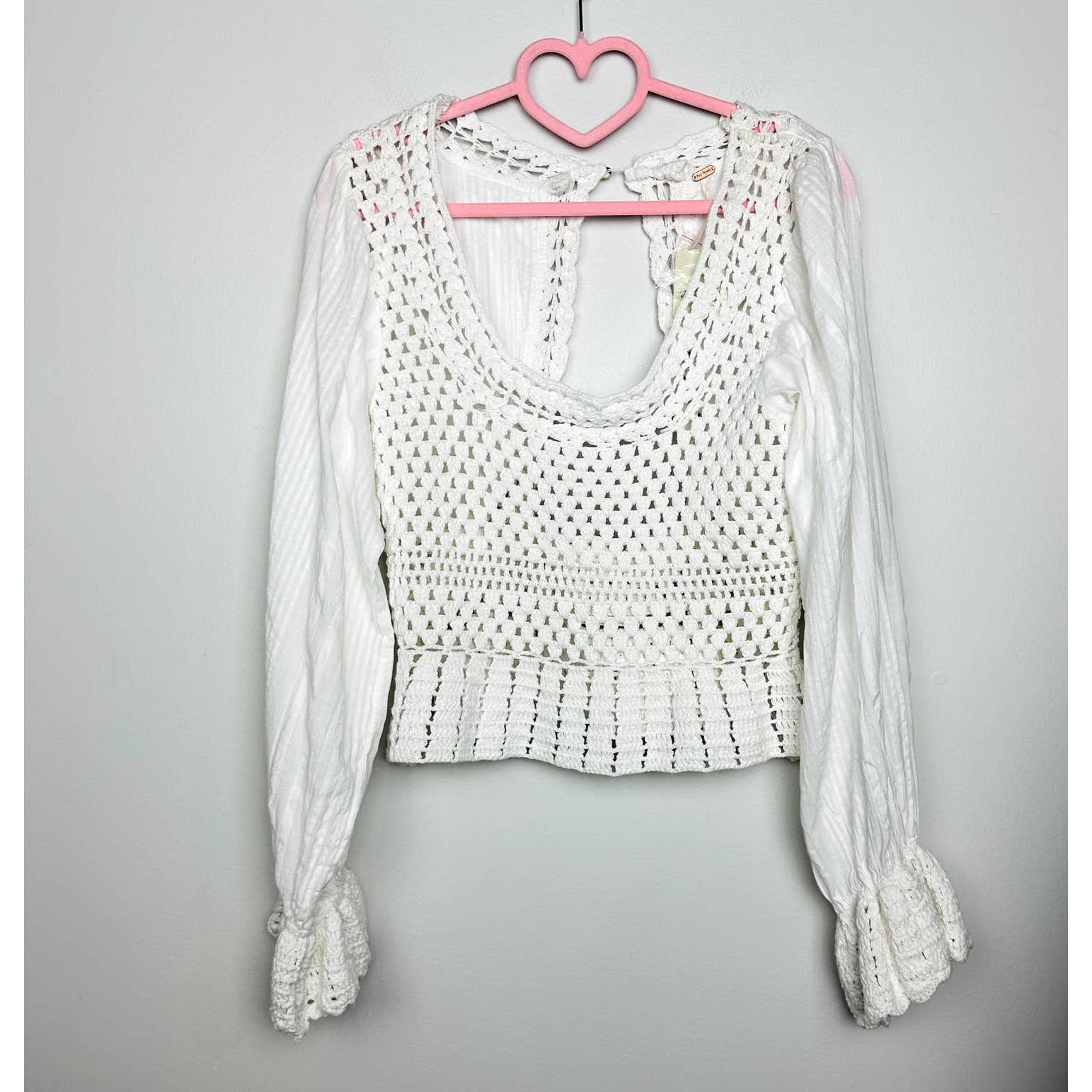 Free People NWT Megan Crochet Open Back Long Sleeve Eyelet Crop Top Ivory Sz XS