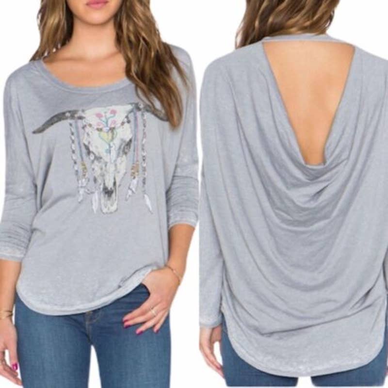 Chaser Tribal Cow Skull Open Back Jewel Boho Open Draped Back Top Gray Sz Medium