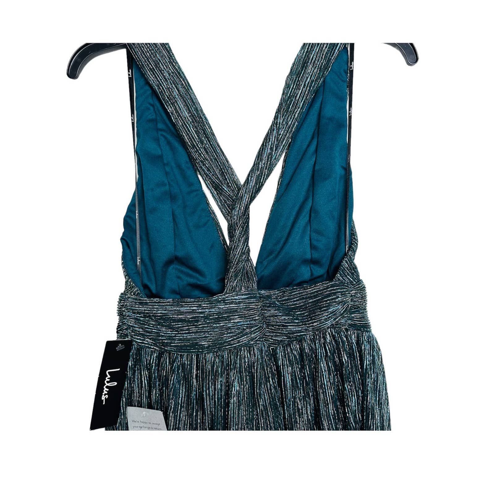 Lulus NWT Ailey Plunge V-Neck Metallic Skater Dress Gold & Teal