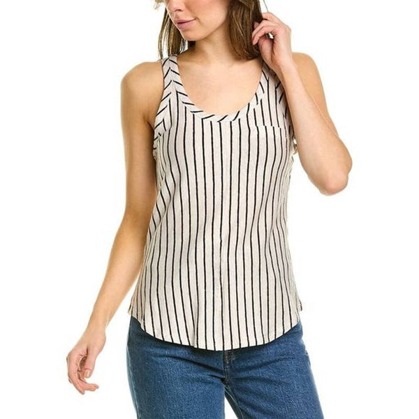 Chaser NWT Double Scoop Neck Striped Linen Blend Sleeveless Tank Top Cream Small