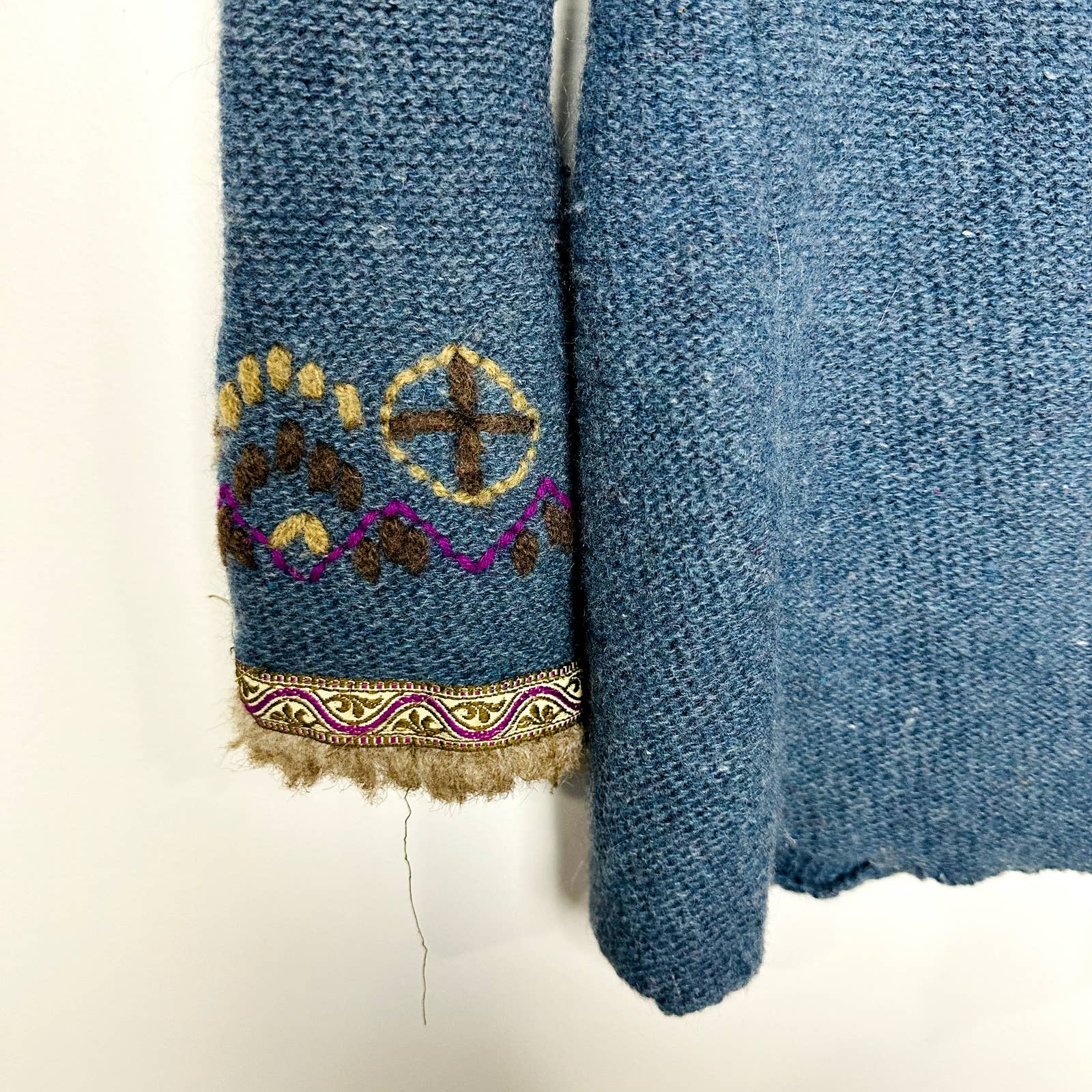 Free People Pre-Owned Wool Blend Knit Embroidered Hoodie Sweater Teal Size Small