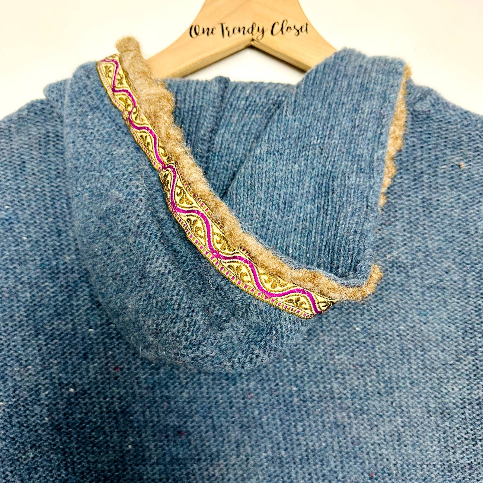 Free People Pre-Owned Wool Blend Knit Embroidered Hoodie Sweater Teal Size Small
